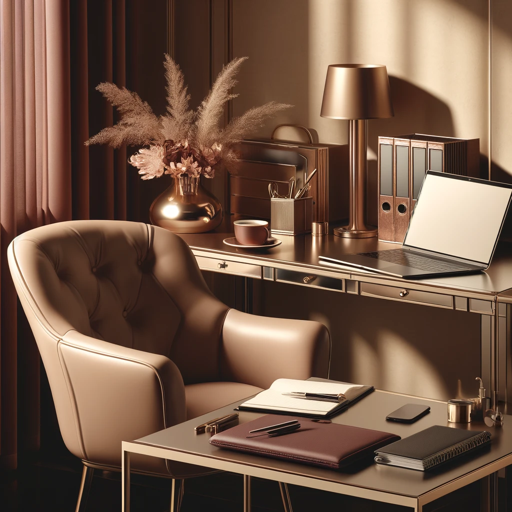 A luxurious workspace with a laptop, notebook, and coffee cup, highlighting professionalism and support.