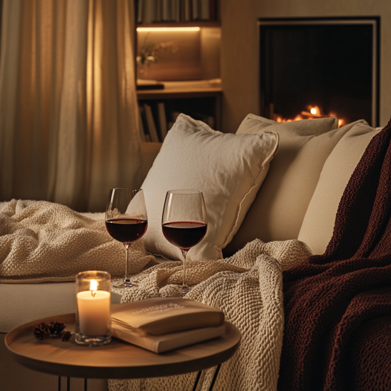 A cozy room with plush sofas, soft throws, and candlelit decor, with deep burgundy accents.