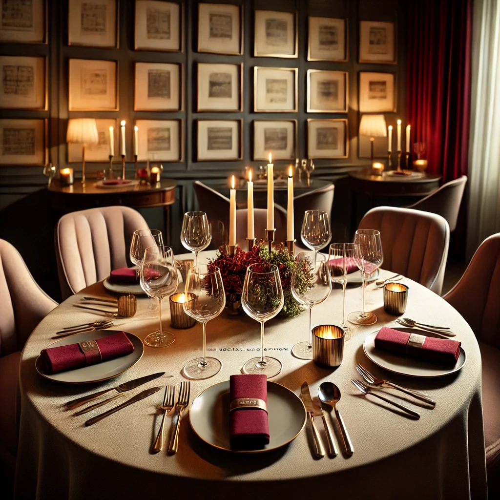 A refined dining table with burgundy and beige accents, wine glasses, and candles.