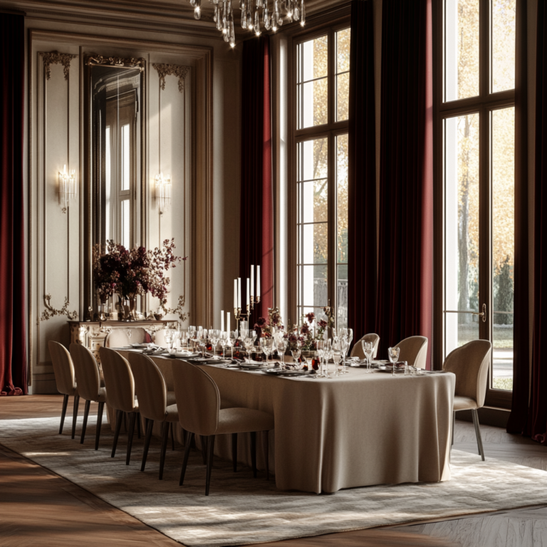 A grand dining room with elegant table settings and tall burgundy curtains.