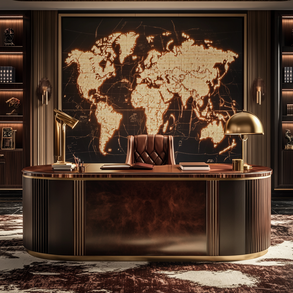 A grand office with a massive desk and a large map on the wall, symbolizing mission and goals.