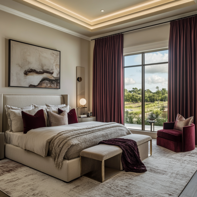 A spacious bedroom with a king-sized bed, burgundy drapes, and glowing lamps.