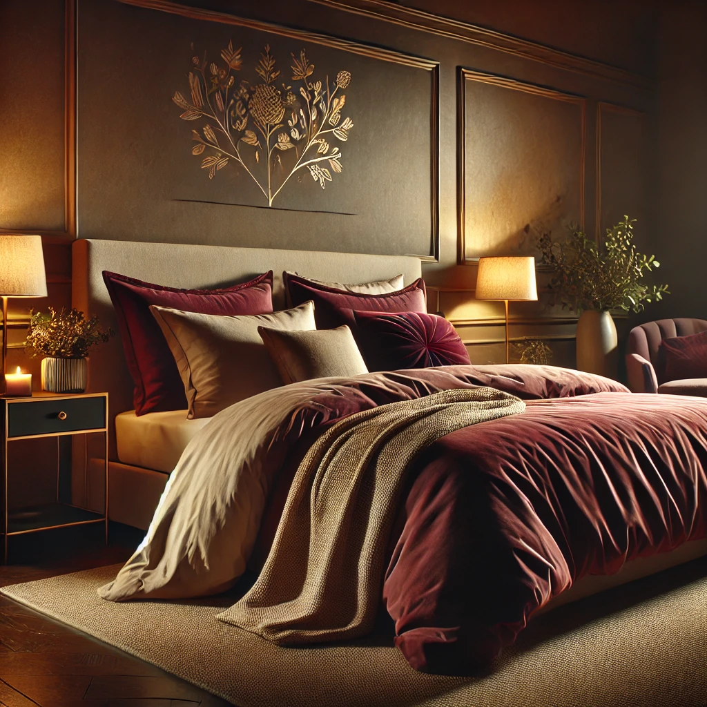 A plush bed with burgundy and beige linens in a dimly lit, elegant bedroom.