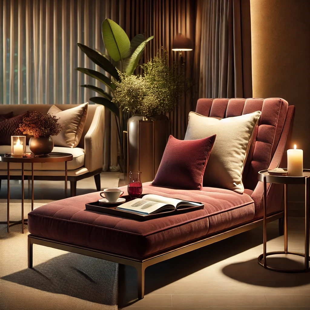 A burgundy chaise lounge with beige cushions next to a coffee table with a candle and tea.