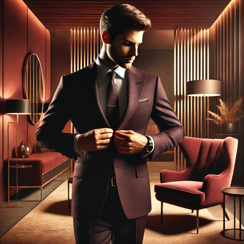 Professional male escort in a burgundy suit, symbolizing elegance and confidence for those considering a career as a male escort.